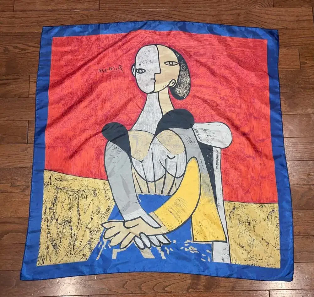 VTG Picasso Inspired Art Print Silk Scarf | Blue Red Square Scarf Wrap